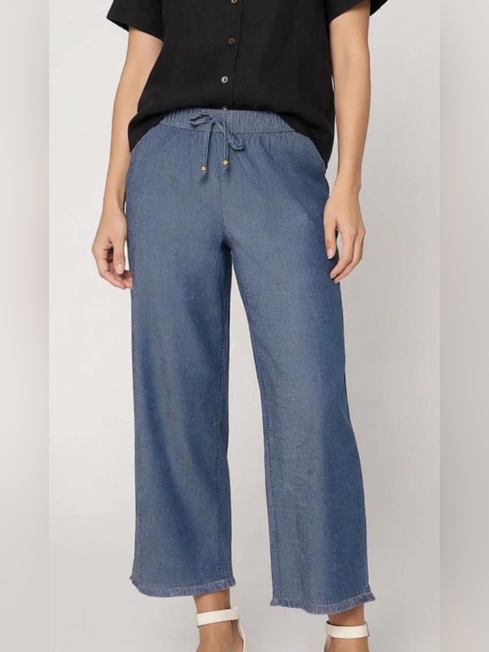 Susan Graver Chambray Drawstring Pants Wide Leg Frayed Hem NWT XSP